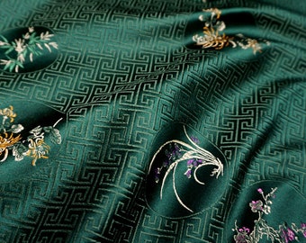 Floral Silk Brocade Fabric: Chinese Plum, Orchid, Bamboo - 29.5" Wide