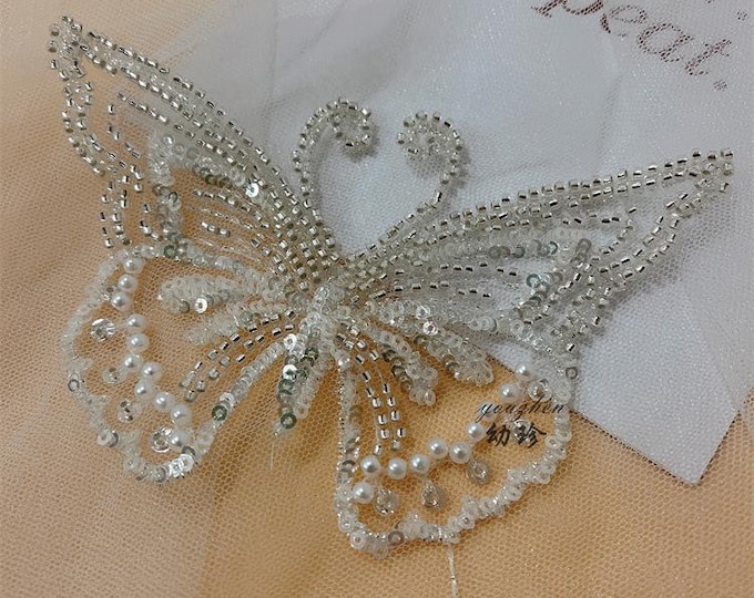 Luxury Soft Embroidered Butterfly Lace Trim – Bridal Wedding Veil, Light Ivory, sequins wedding dress, headwear, shoes, DIY accessories