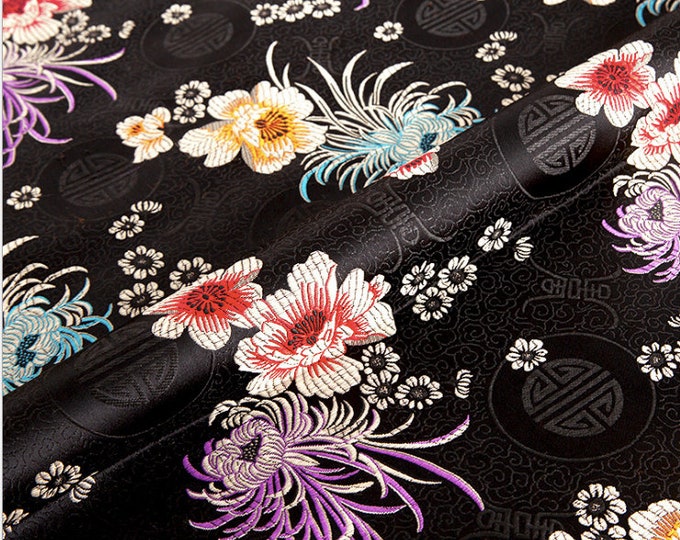 Chrysanthemum Brocade Fabric: Red & Yellow Floral Damask (29.5"W)
