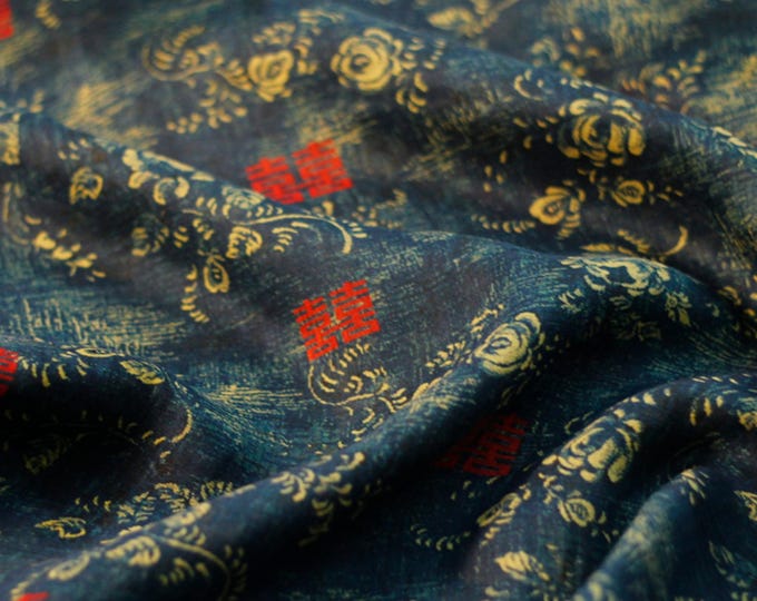 Turquoise plant dyeing printed pure Ramie Fabric, 57“W, Upholstery, Decor, Costume, Curtain, Handbag, Sewing, Scarf/Fabric by the meter