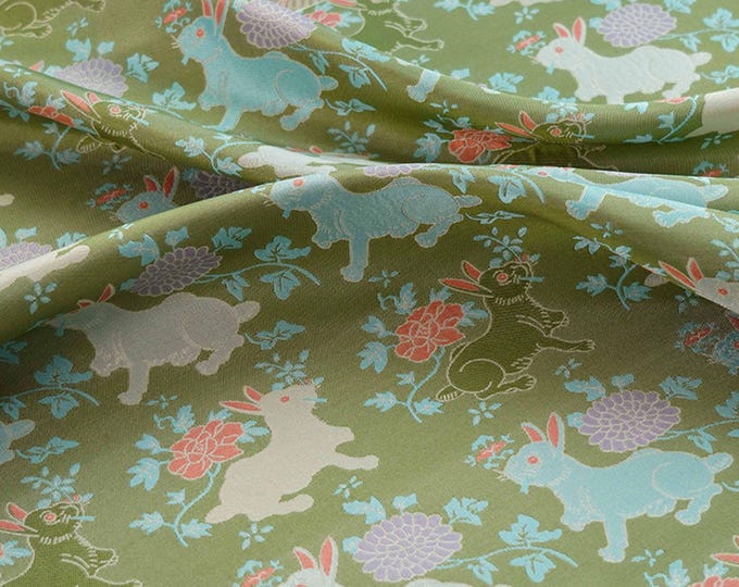 66"W bean green Song Brocade Chinese Wishful rabbit Brocade, Emperor Tibetan robe, cheongsam, spinning Fabric, silk rayon sewing, Quilting