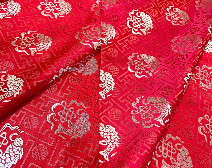China Red Lucky Fish Reunion Chinese Silk Brocade Fabric by the Meter on SALE, 59" W, Upholstery, Quilting and Sewing fabric on SALE