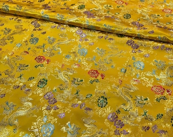 Silk Brocade Fabric gold dragon, Wedding Damask Fabric, 45"W, Upholstery, Decor, Costume, Curtain, Bag, Sewing, Quilting/Fabric by the meter