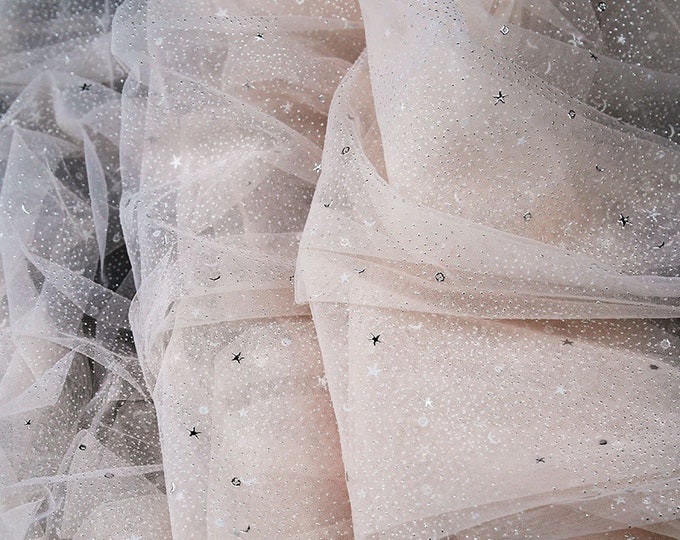 63"W Galaxy Organza see-through Wedding Fabric, Silver foil Designer Sewing Fabric, high-density encryption elastic, 3 Colors to choose