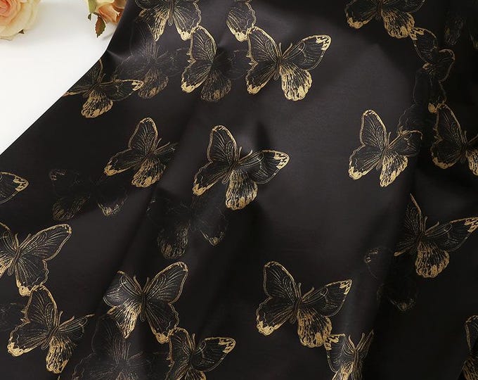 59"W gold butterfly tea silk satin fabric, Digital print, 2 colors, Upholstery, Decor, Costume, Curtain, bag, Sewing, drapery, DIY/Fabric