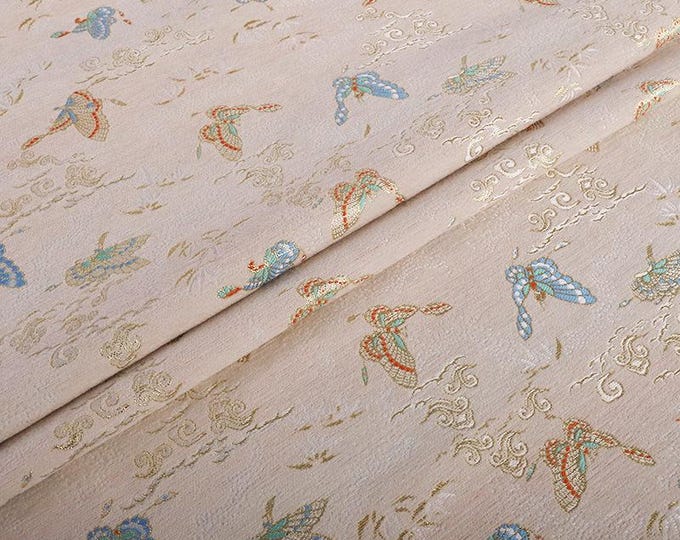 Mongolia Tibetan butterfly gold weaving pattern, 58"W, Upholstery, Decor, Costume, bag, Sewing, Cheongsam, Buddha/chenille Fabric by 1meter