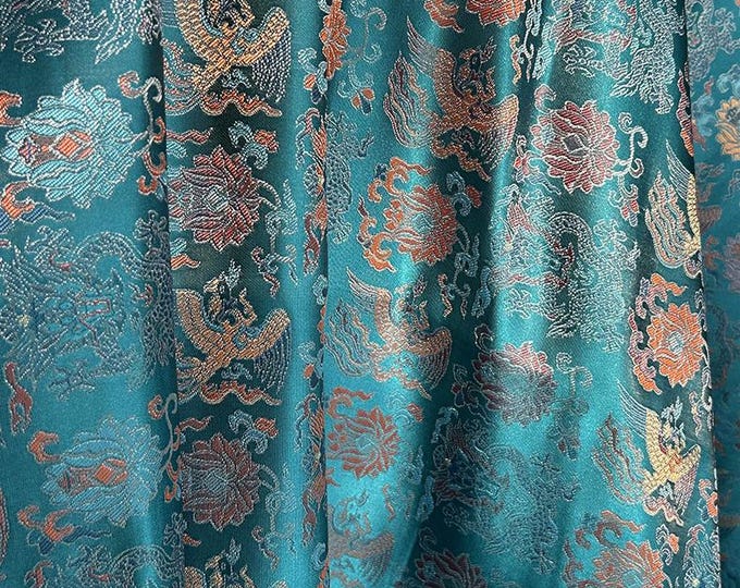 58“W Chinese Silk Brocade Fabric dragon and phoenix, Home Decor, Table cloth, bed runner, pillow case, Cheongsam, Quilting, drapery Fabric