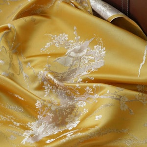 Tessuto broccato di seta cinese con fiori e uccelli di montagna, Cheongsam 58"W, Qipao, tappezzeria, decorazioni per la casa, federa, cucito, tessuto per tendaggi