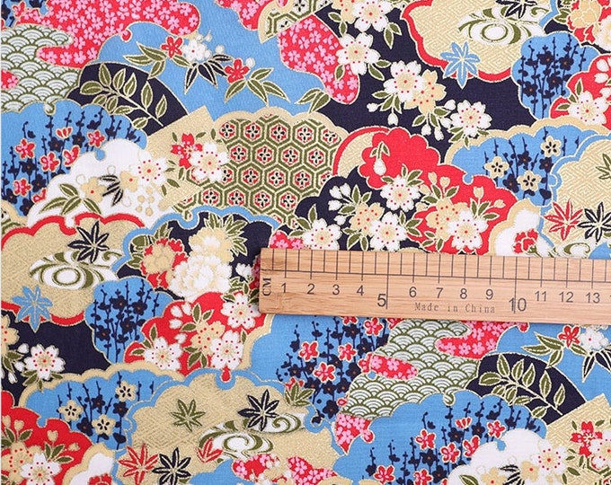 Japanese Printed Fabric, 100% Cotton, Flower pattern, Sewing Fabric for Dress, Kimono, home decor, Upholstery, Costume, handbag by 1 meter