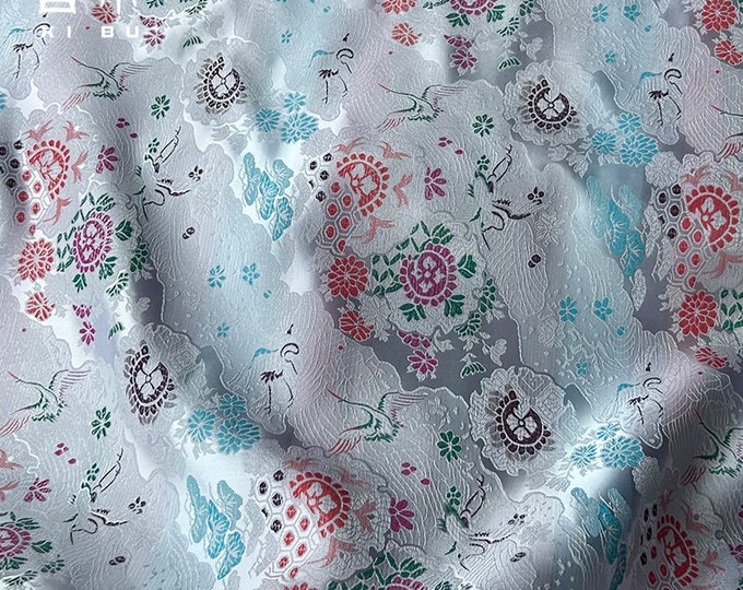47"W silver Song Brocade Chinese Wishful crane Silk Brocade, Emperor Tibetan robe, cheongsam, spinning Fabric, silk rayon sewing, Quilting