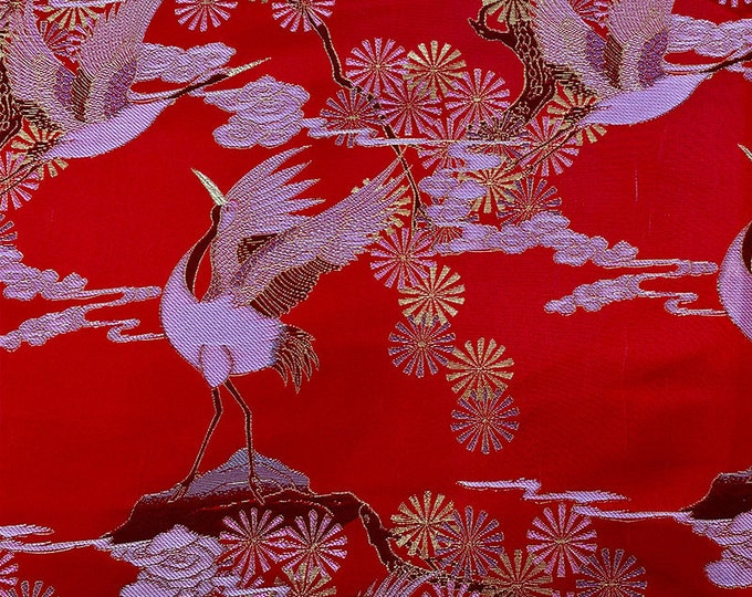 59"W Red Birds Fabric, crane pattern Jacquard Satin Fabric, Brocade Fabrics By The Meters, Handbag Antique Cheongsam Sewing Fabrics
