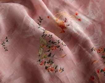 Light pink phoenix painting printed pure Ramie Fabric, 57“W, Upholstery, Decor, Costume, Curtain, Handbag, Sewing, Scarf/Fabric by the meter