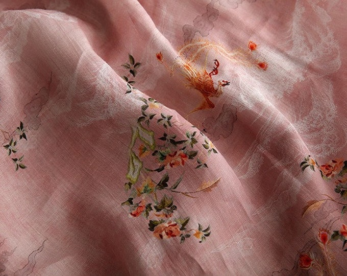Light pink phoenix painting printed pure Ramie Fabric, 57“W, Upholstery, Decor, Costume, Curtain, Handbag, Sewing, Scarf/Fabric by the meter