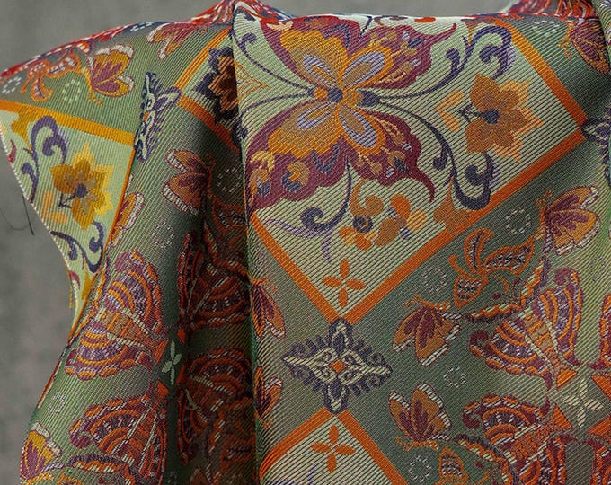 Butterfly Floral Jacquard Fabric: Ethnic Green Iridescent Sewing Material (59"W, By The Meter)