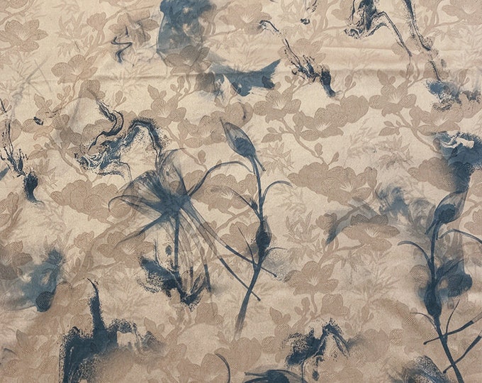 55"W ink painting flower dill botanical print fabric, Shawl, Upholstery, Decor, Costume, Curtain, Handbag, Sewing/Fabric by the meter