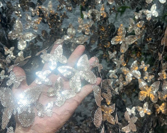 49"W New Embroidered Butterfly Sequin Fabric – Sparkly DIY Dress & Craft Material