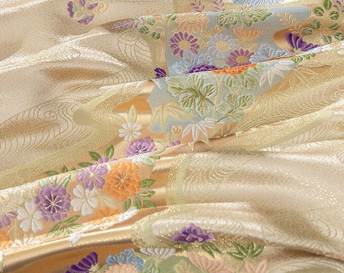 59"W Japanese classic pattern, Nishijin Weaving Gold Flower River Figure, Upholstery, Decor, Costume, Handbag, Sewing/Fabric by the meter