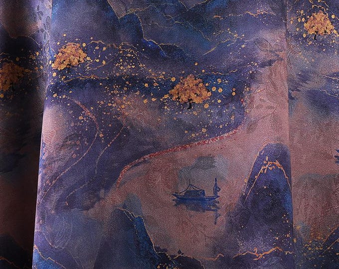 59"W ancient paintings Tea silk satin fabric, Digital print, 3 colors, Upholstery, Decor, Costume, Curtain, bag, Sewing, drapery, DIY/Fabric
