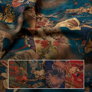 59&quot;W Tea silk satin fabric, Digital print, 4 patterns, Sewing fabric, Upholstery, Decor, Costume, Curtain, Bag, Sewing, DIY, Dress/Fabric