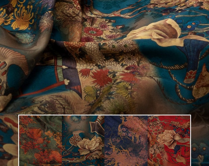 59"W Tea silk satin fabric, Digital print, 4 patterns, Sewing fabric, Upholstery, Decor, Costume, Curtain, Bag, Sewing, DIY, Dress/Fabric