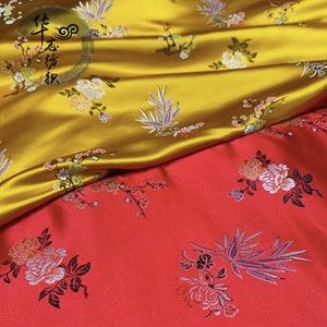 59"W Red and Gold Cherry Blossom and Bamboo Traditional Brocade Jacquard Special Occasion Renaissance Fashion Fabric by the Meter