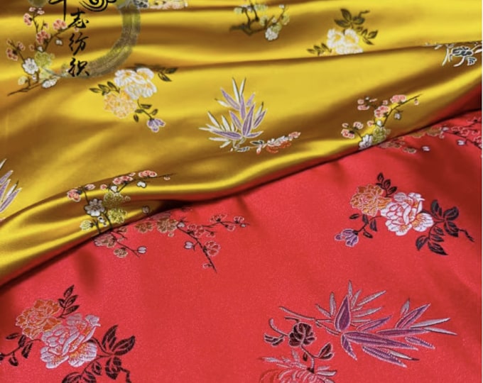 59"W Red and Gold Cherry Blossom and Bamboo Traditional Brocade Jacquard Special Occasion Renaissance Fashion Fabric by the Meter