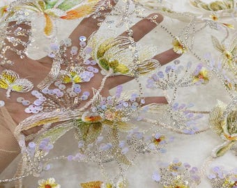 50“W Sequined floral bead embroidery, dress bag lace mesh fabric lace, Prom, Wedding, Doll Making, Sewing, DIY, Costume/ fabric