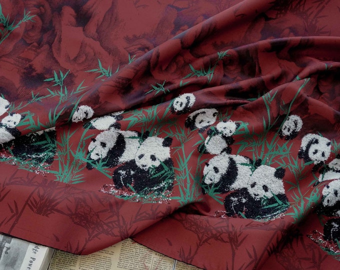 Positioning jacquard fabric, dark red panda pattern with embossed effects, Upholstery, Sewing, Decor, Costume, Curtain fabric, 65"W By 1yard