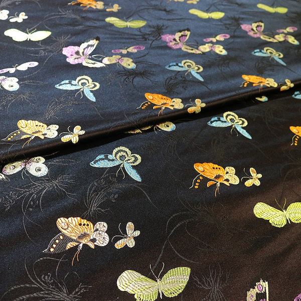 59"W Black Butterfly Brocade Fabric, Luxurious Fabric for Home Décor, Traditional Textiles, Drapery Fabrics by 1 meter, Upholstery Supplies