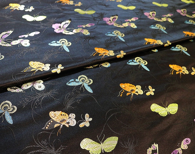 59"W Black Butterfly Brocade Fabric, Luxurious Fabric for Home Décor, Traditional Textiles, Drapery Fabrics by 1 meter, Upholstery Supplies