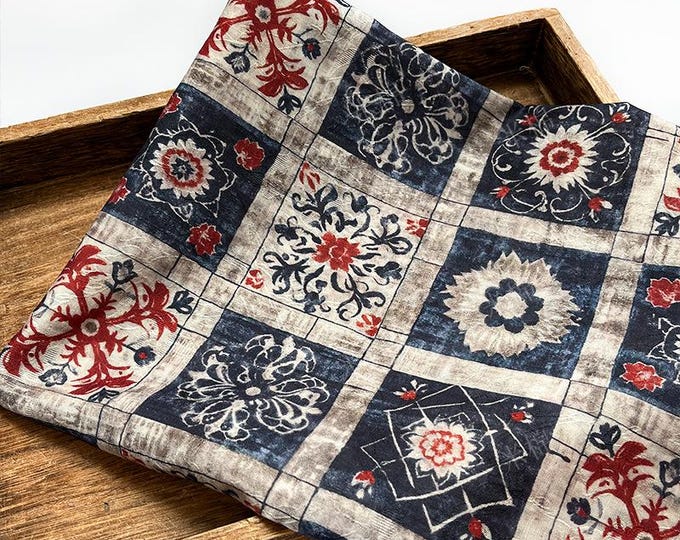 Dunhuang Indigo-Red Tencel Jacquard Brocade Fabric: Asian Chinese Style Tencel (59"W)