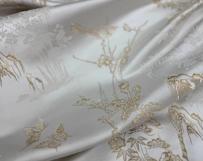 59“W Chinese Silk Brocade Fabric magpie bamboo leaves, Home Decor, Table cloth, bed runner, pillow case, Cheongsam, Quilting, drapery Fabric