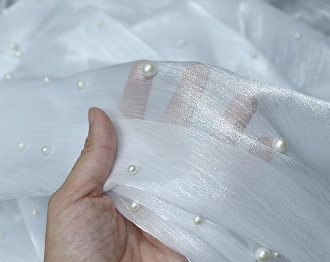 white High-End Ice Flower Cationic Yarn beads Wedding Dress Skirt & Veil, Luxury Organza Fabric for Designer Sewing, 59"