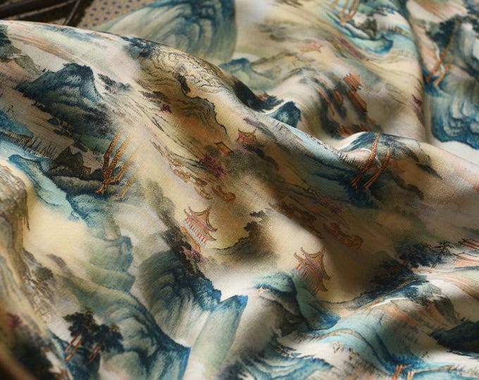 Chinese style Ancient ink painting 60s Cotton Fabric by 1meter, 55"W, drapery, Upholstery, Decor, Costume, Curtain, bag, Sewing/Fabric