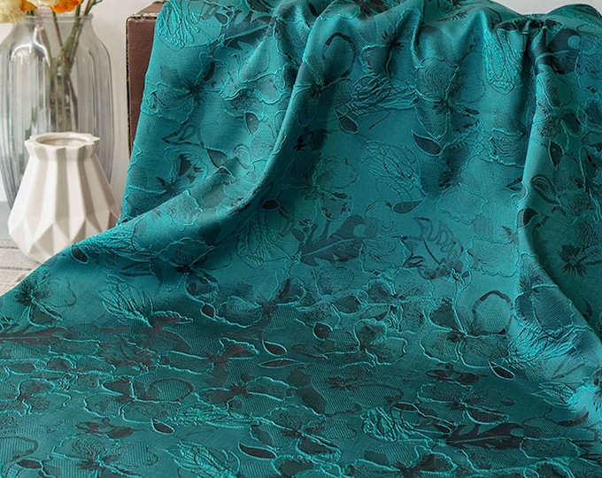 Teal color Vintage Style Jacquard Fabric with 3D Embossed Abstract Floral Design, 58"Wide