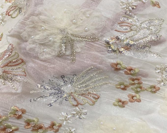 45"W Colorful Sequin chiffon Embroidered Fabric for wedding, prom, Shirt, Evening Dress & Cheongsam, see-through Soft Creative Fabric