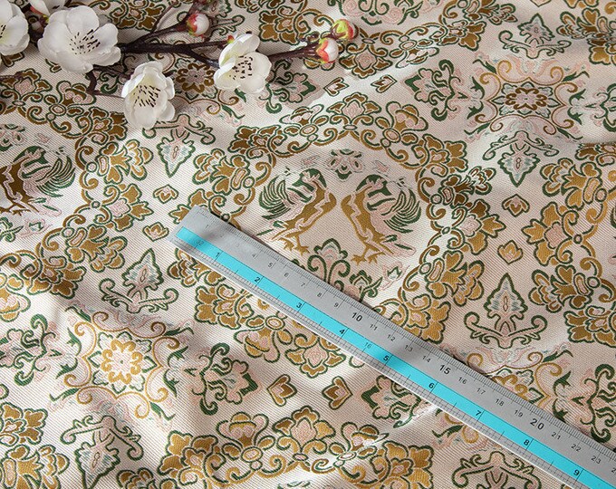 59"W Song Beige mandarin duck flower pattern Silk Brocade, Emperor Tibetan robe, cheongsam, sewing, Upholstery, Quilting & drapery fabric