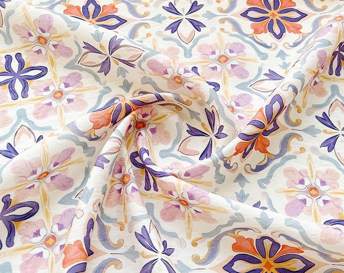Tencel Ramie Printed Fabric, dunhuang pattern, Sewing Fabric, Dress, Shawl, decor, Upholstery, Costume, bag, DIY, curtain/fabric, by meter