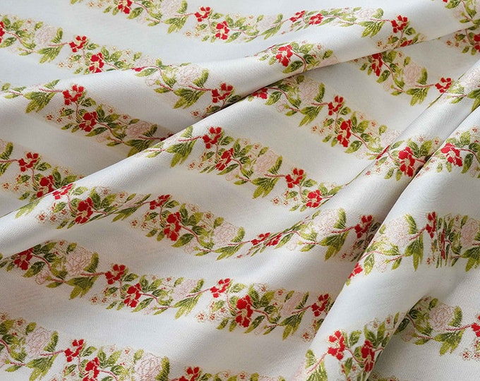 Gold thread jacquard fabric, striped flowers pattern, 59"W By 1 Meter, Upholstery, Decor, Costume, Curtain, bag, Sewing/Fabric by the meter
