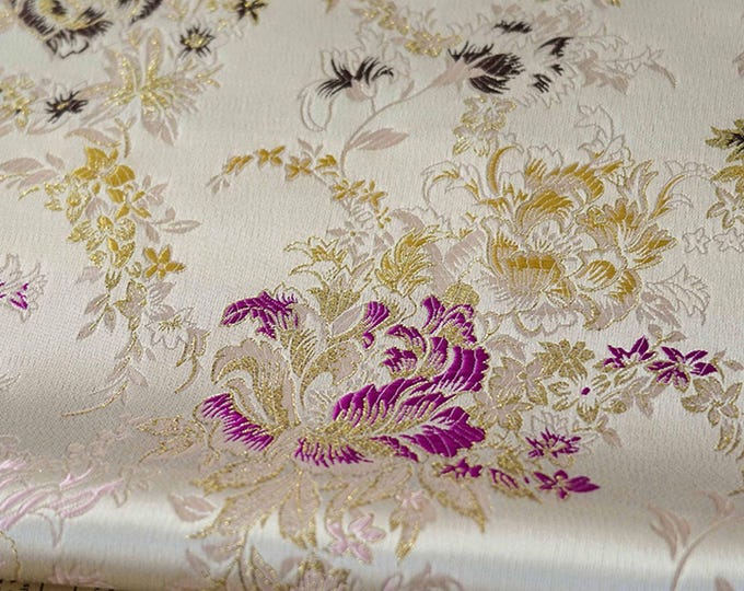65"W Beige & Gold embossed Palace jacquard cotton fabric, Damask, Upholstery, Decor, Costume, Curtain, Handbag, Sewing/Fabric by the meter