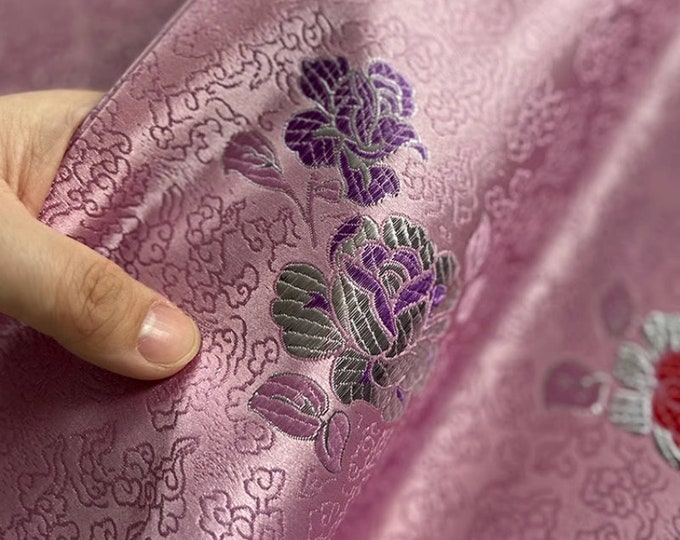 pink chinese plum blossom silk brocade fabric multicolors cheongsam Qipao brocade fabric by the meter, 29.5"W, Upholstery, Sewing fabric