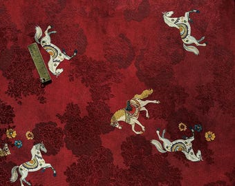 Red and Black Galloping Horse Fabric Pattern | Equestrian Animal Print, 59"Wide
