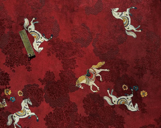 Red and Black Galloping Horse Fabric Pattern | Equestrian Animal Print, 59"Wide