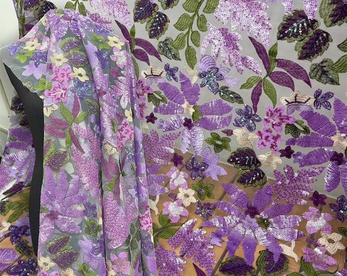 50“W Sequined large flower embroidery fabric, dress bag lace mesh fabric lace, Prom, Wedding, Doll Making, Sewing, DIY, Costume/ fabric