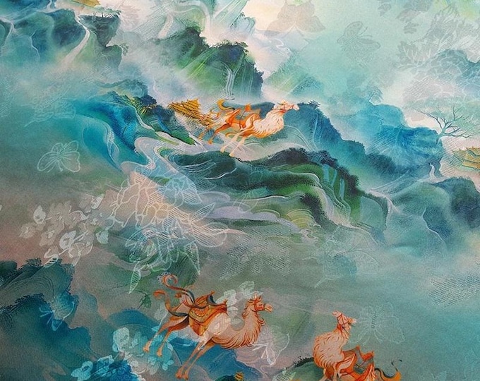 Peacock blue shantung yarn fabric, famous paintings, 55“W, Upholstery, Decor, Costume, Curtain, bag, Sewing, Scarf, doll/Fabric by the meter