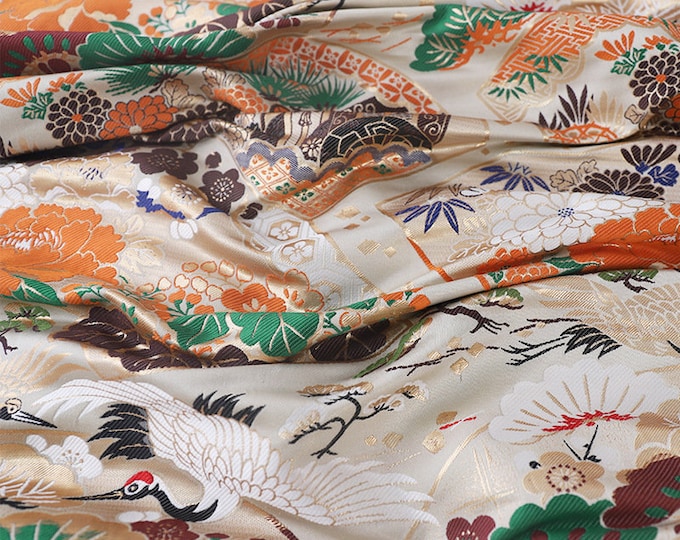 29.5"W Birds Fabric, Japanese Crane Jacquard Satin Fabric, Upholstery, Sewing, Decor, Costume/Fabric by the meter, vivid pale gold color