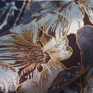 Gold Thread Jacquard Fabric: Blue Floral 3D Texture, 63&quot; Wide