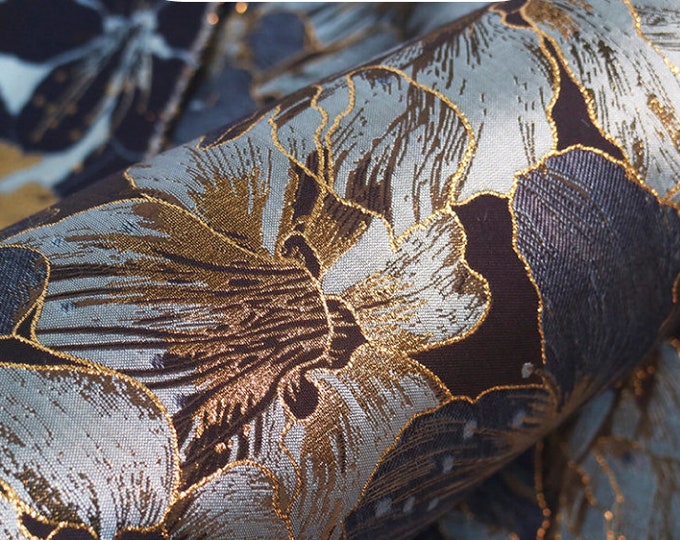 Gold thread jacquard fabric, 3D texture, designer fabric, Blue Flowers, Upholstery, Prom dress & Jacket Sewing fabric, 63" W By Meter, SALE