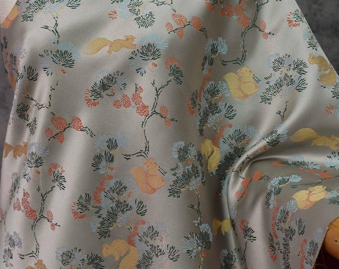 55" Song silk Brocade damask, Pine Squirrel Rhythm, Emperor Tibetan, Upholstery, Decor, Costume, Curtain, Handbag, Sewing/Fabric by 1 meter