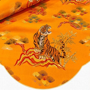 Tessuto broccato cinese ricamato, motivo realistico di tigre, broccato di seta jacquard al metro, larghezza 59", 2 colori, per trapuntatura, cucito e tappezzeria